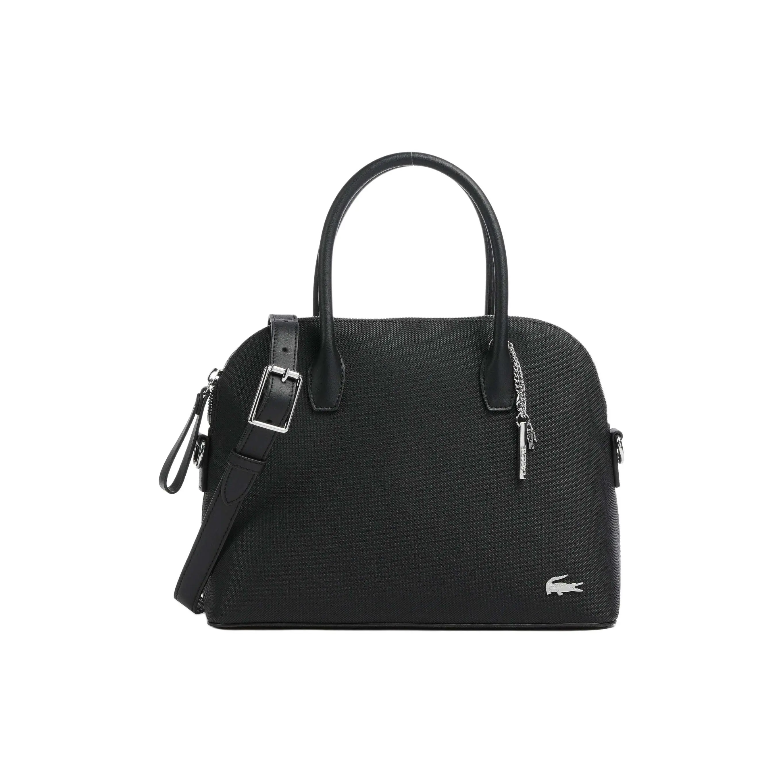 Lacoste French Crocodile Zippered Adjustable Strap PU Crossbody Handbag for Women, Black
