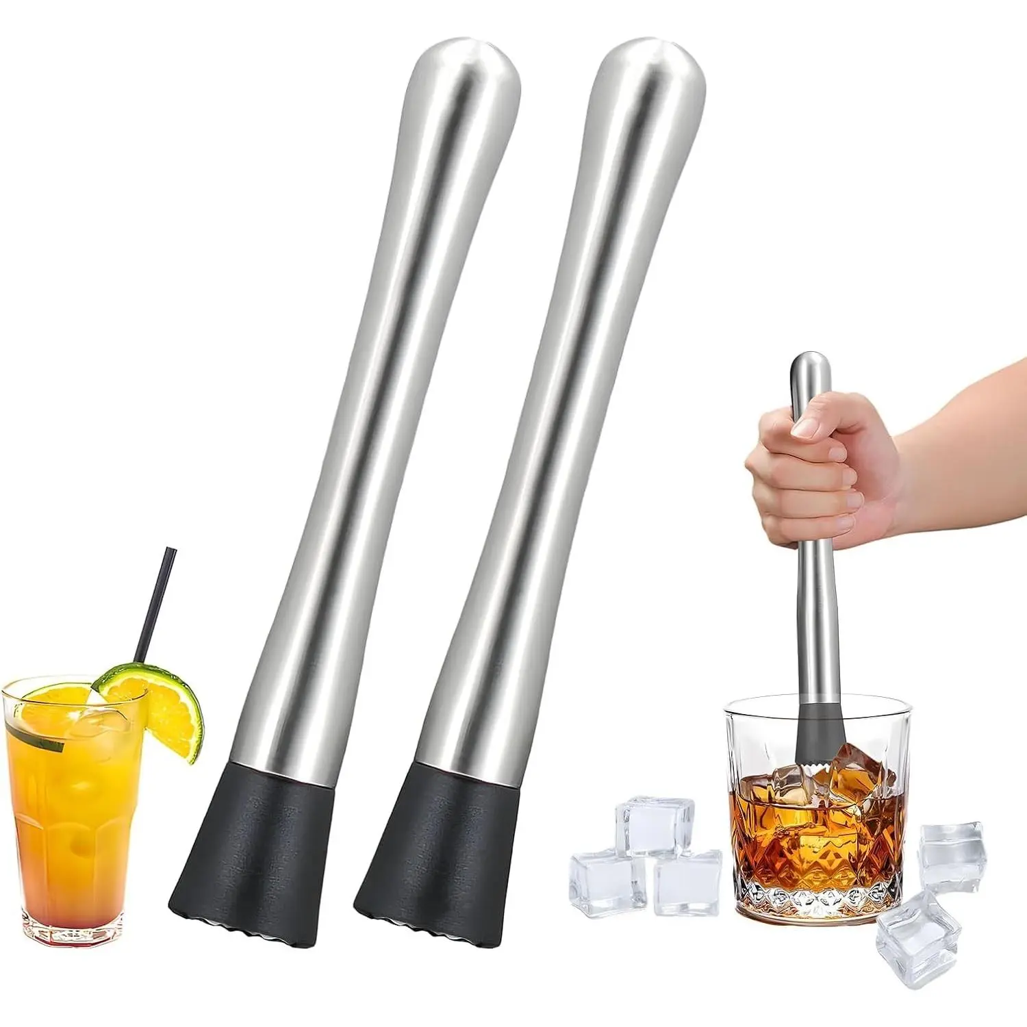2 PCS 8 inch Stainless Steel Cocktail Muddler Set, Lemon Smasher for Lemonade, Bartender Accessories for Crushing Ice, Fruits & Herbs, Home Bar Use