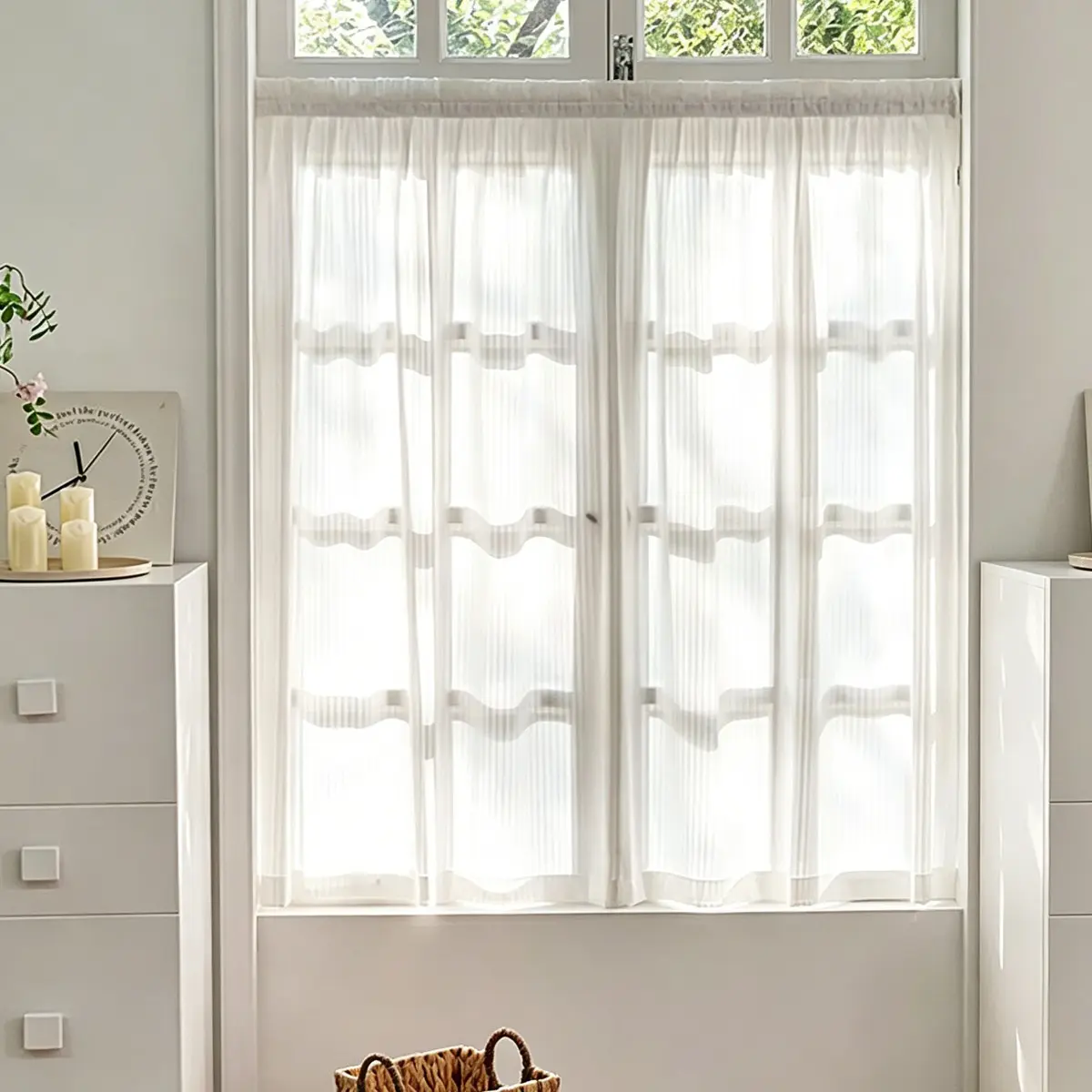 1pcs Vertical Stripe Pleated Magic Tape Sheer Curtain, Korean Creamy Style, Bedroom Balcony Kitchen Window Decorative Curtain
