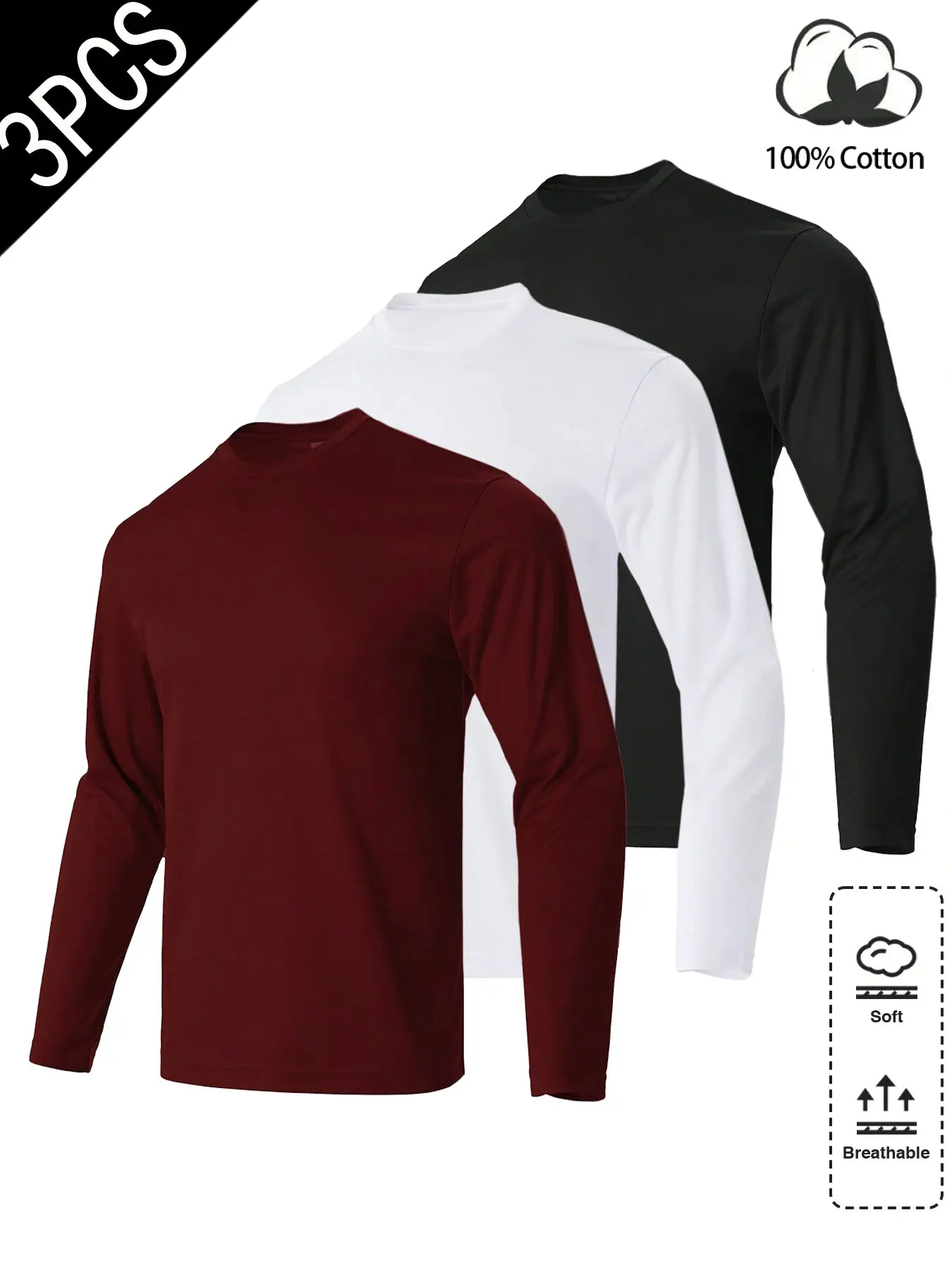 Unisex design. 3-piece set of 100% cotton basic round-neck long-sleeve T-shirts. Three-color cotton long-sleeve base set. Soft, breathable, loose-fitting, solid-colored base shirt. Suitable for layering, family sets. Couple’s design, suitable for everyday