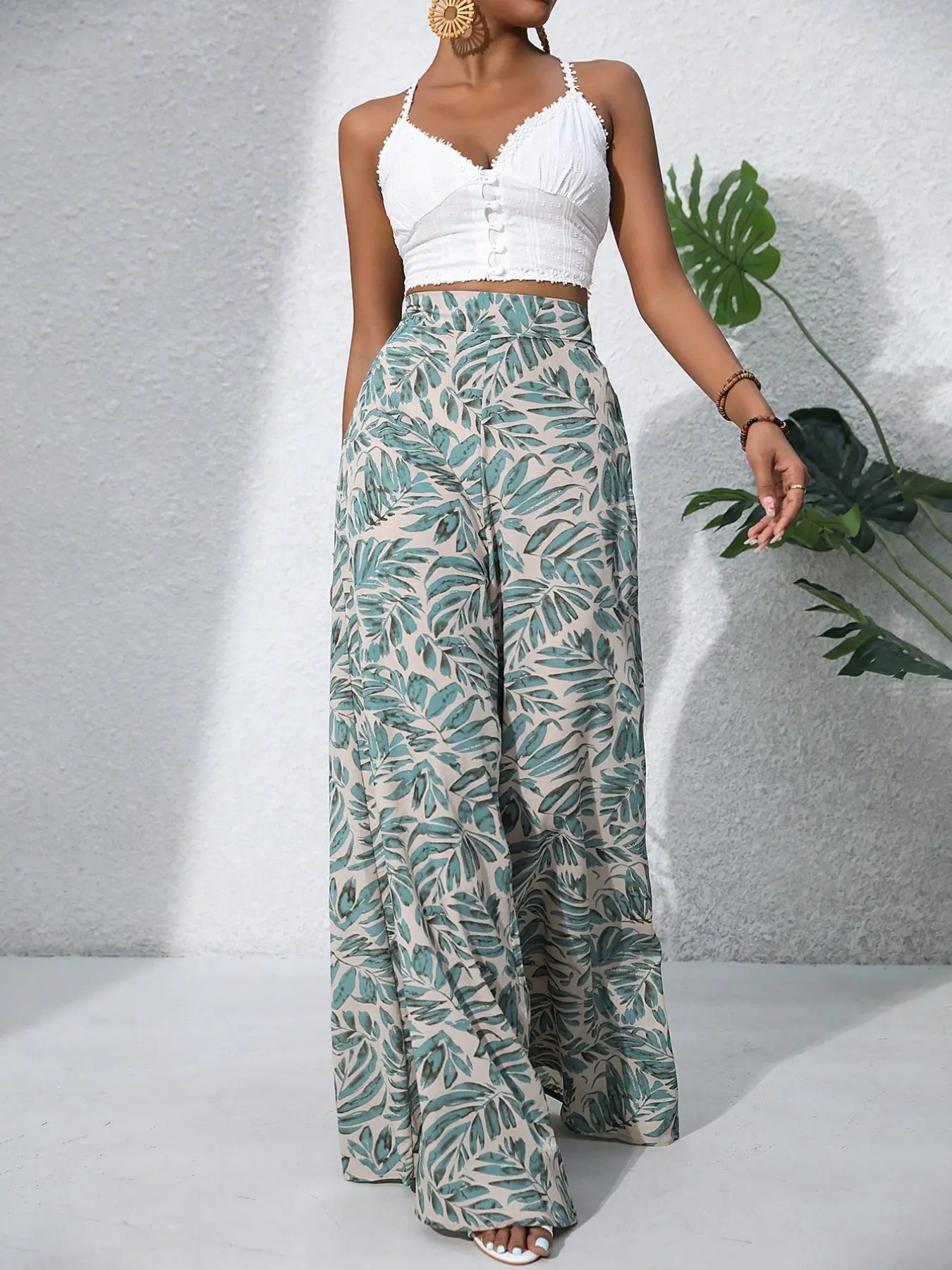 Women's Bohemian High-Waisted Chiffon Lightweight Wide-Leg Pants, Boho Floral Print Beach Long Pants, European and American Style, Summer Fashion Bottom