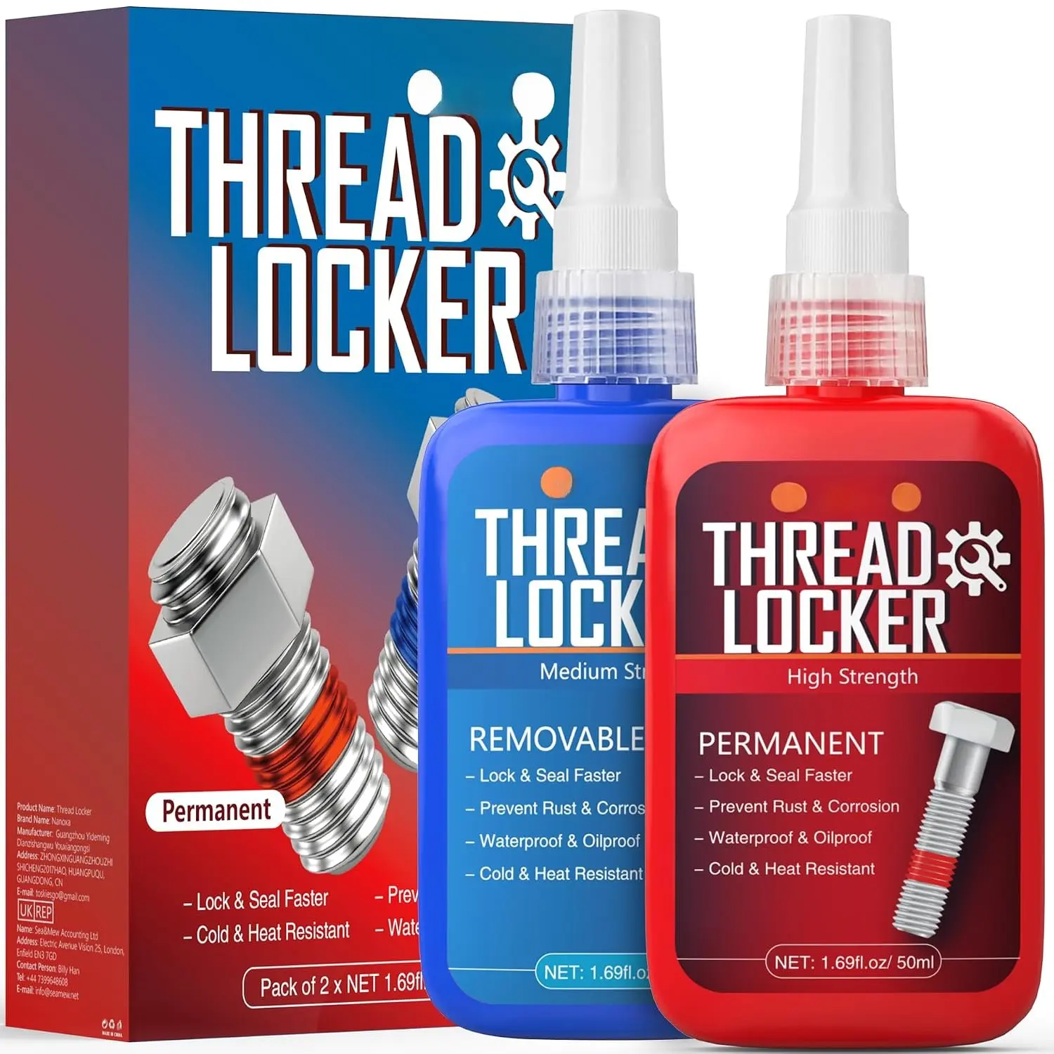 Blue & Red Thread Locker Set, 50mlx2 Medium-High Strength Adhesives with Precision Tip - Removable & Permanent for Nuts & Bolts, Metals, Fasteners to Prevent Loosening & Anti-Leakage