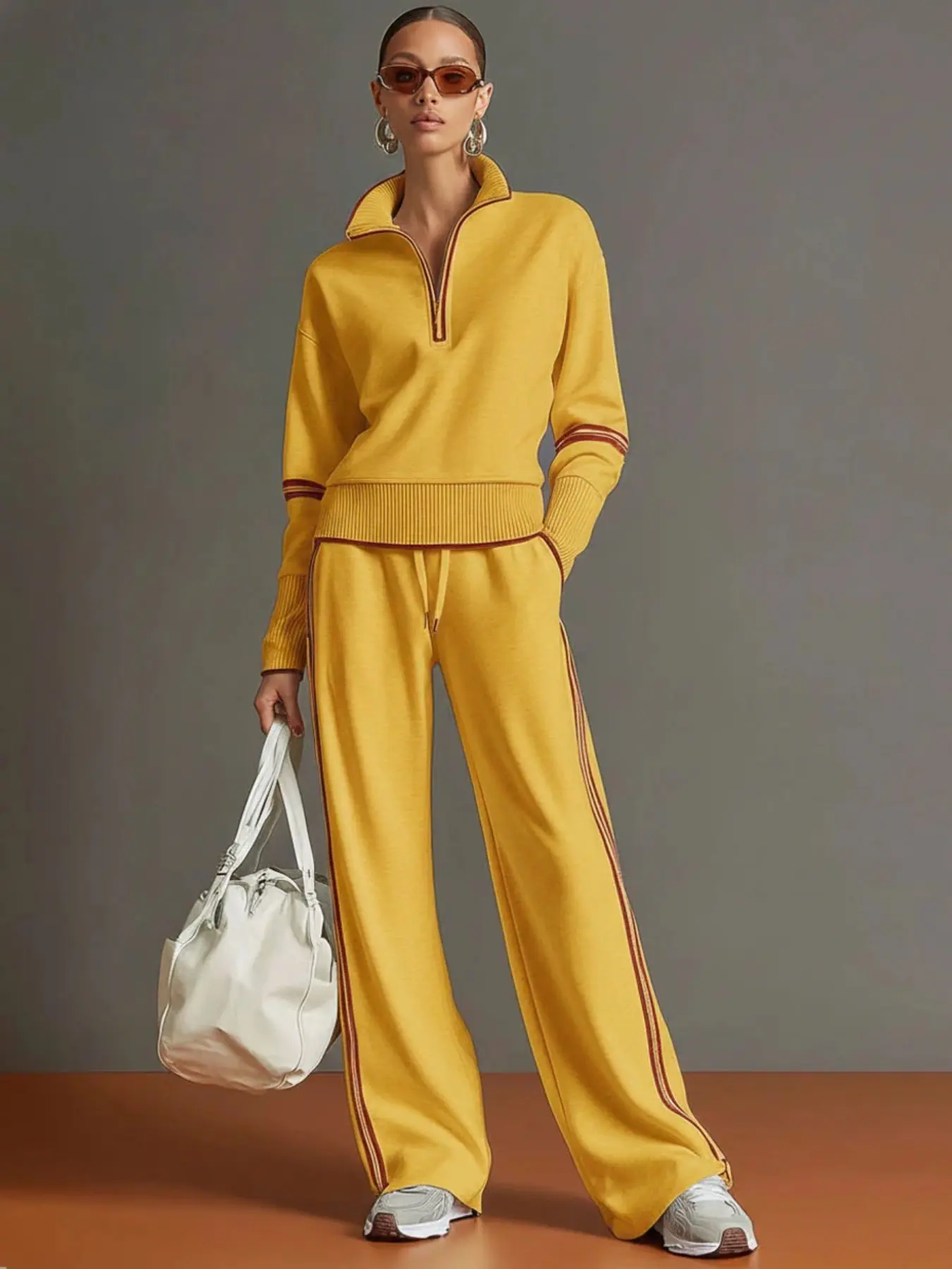 2026 New Casual Sports Set, European and American Fashion Style, Colorblock Stand Collar Sweatshirt, Wide Leg Pants Two Piece Set
