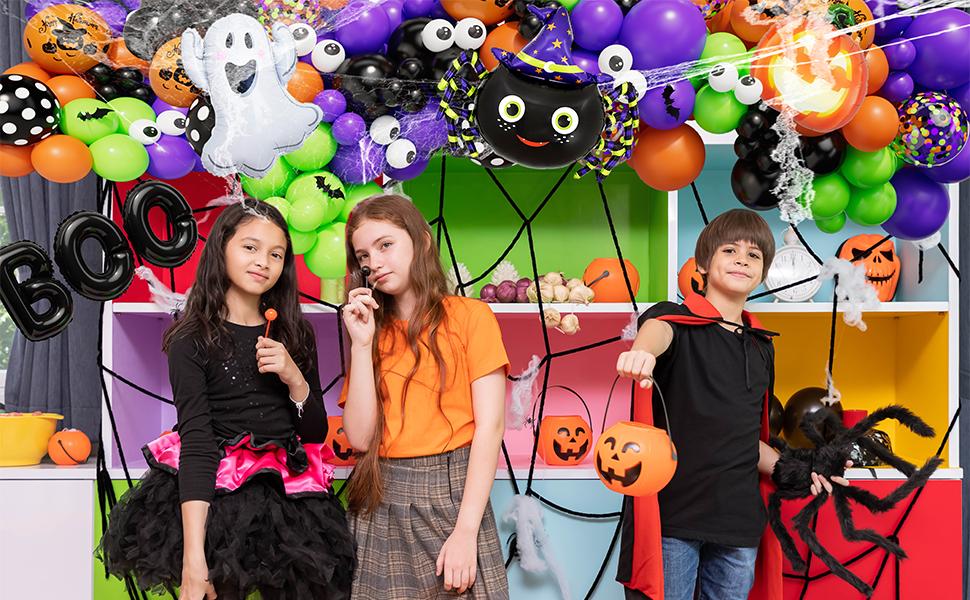 J.C HalloweenBalloonGarlandArchKit144PCSwithGhostPumpkinSpiderBOOFoilBalloonBlackOrangeGreenPurpleBalloonsforHalloweenDecorationsBalloonsPartySupplies