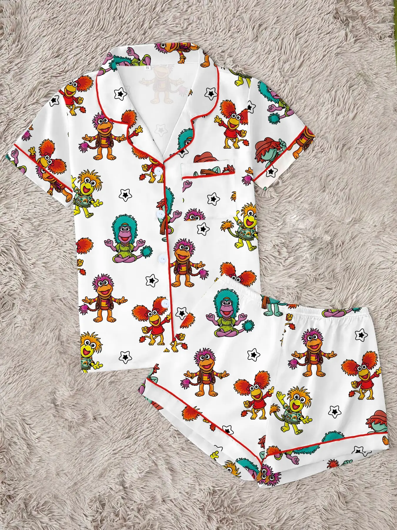 Trendy 80s Nostalgic Cartoon Pajama Set | Cute Retro Puppet Print Sleepwear | Soft Short Sleeve Button Down Lounge Outfit with Red Piping | Kidcore Summer PJs | Novelty Nightwear