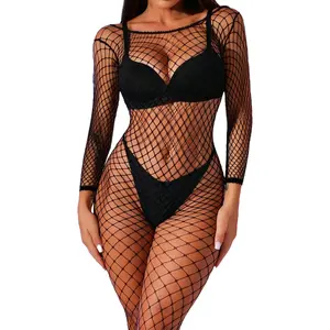 Women's One Piece Bodycon Black Mesh Jumpsuit,Medium Hole Fish Net Club Outfit for LadiesGift.