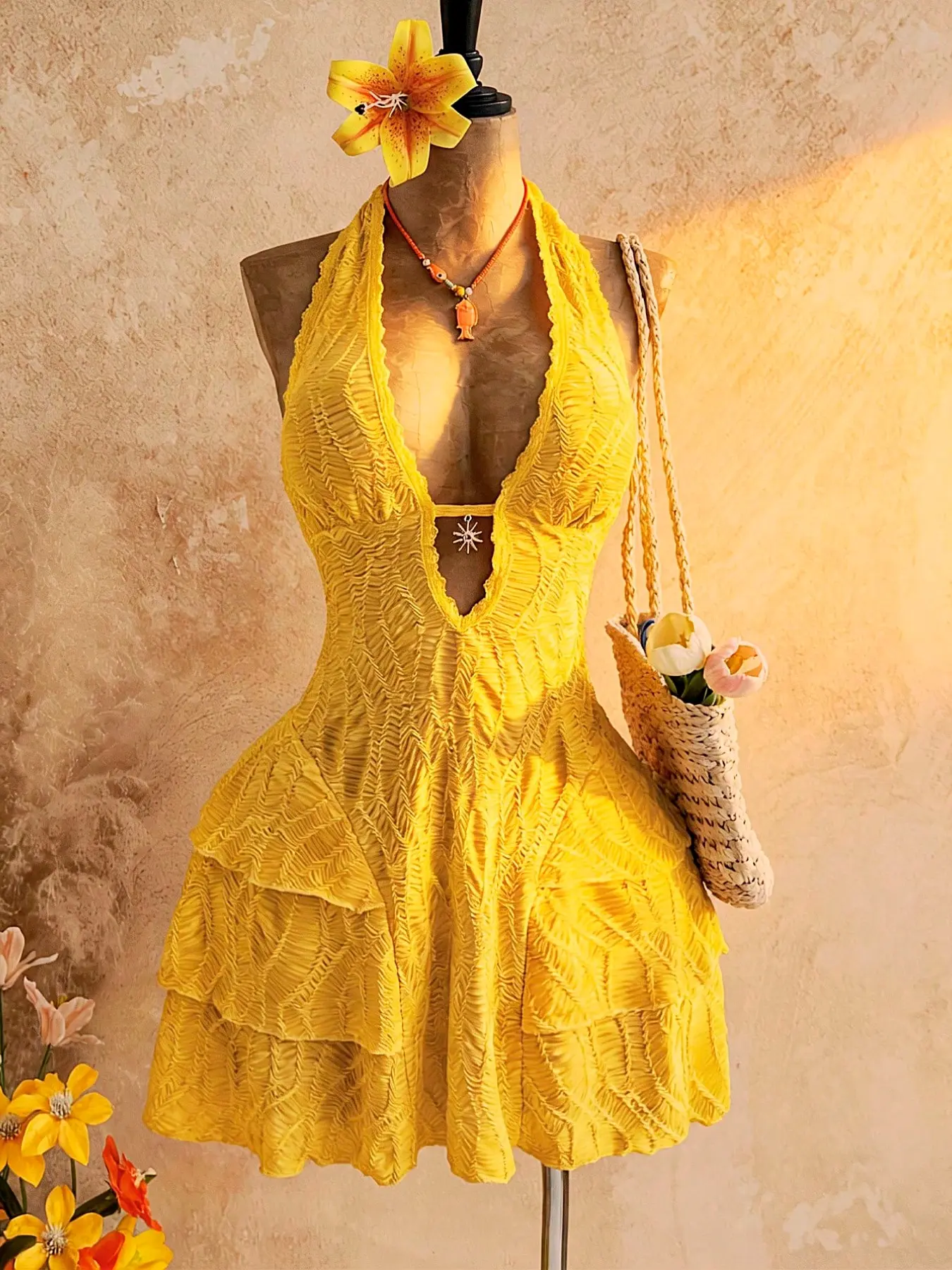 Women's Summer Textured Double-Layer Ruffled Mini Halter Dress, Tropical Beach Vacation Outfit, Open Back Cutout Front Design, Vintage Resort Style Womenwear