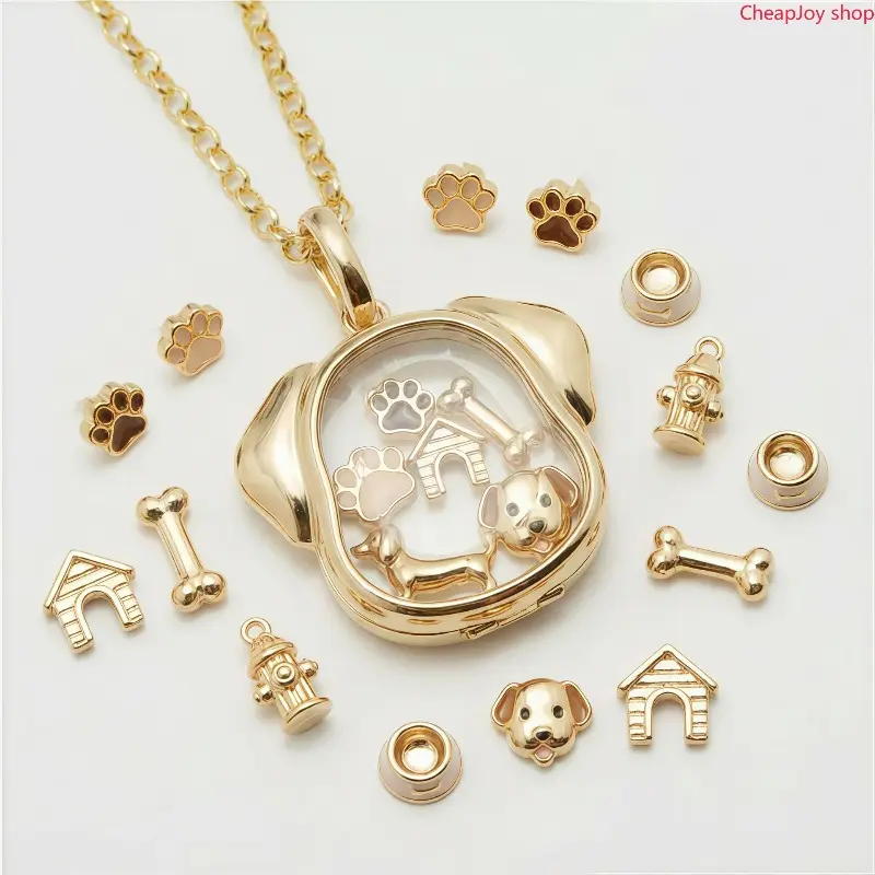 Openable Dog Shaped Copper Locket Necklace, hollow transparent glass window fillable DIY pendant, sweet pet memorial keepsake jewelry for daily wearing, handmade craft projects and thoughtful birthday gift giving