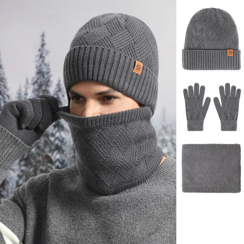 Men's Winter 3-Piece Sports & Outdoor Accessory Set: Fleece-Lined Knit Hat, Warm Neck Warmer, Thick Double-Layer Gloves, Hat/Neck/Gloves