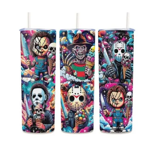 【Back To School】Warner Bros.Cute Cartoon Horror Villain 20oz Skinny Tumbler with Straw, Colorful Galaxy Cloud All Wrap Print Travel Mug,  Horror Movie Fan Reusable Water Cup, Spooky Halloween Novelty Holiday Gift