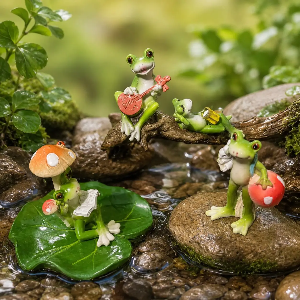 Adorable Frog Friends Set, Perfect for Playing Music, Reading Books, and Sunbathing, Cozy Little Frog Life, Ideal Gift Idea