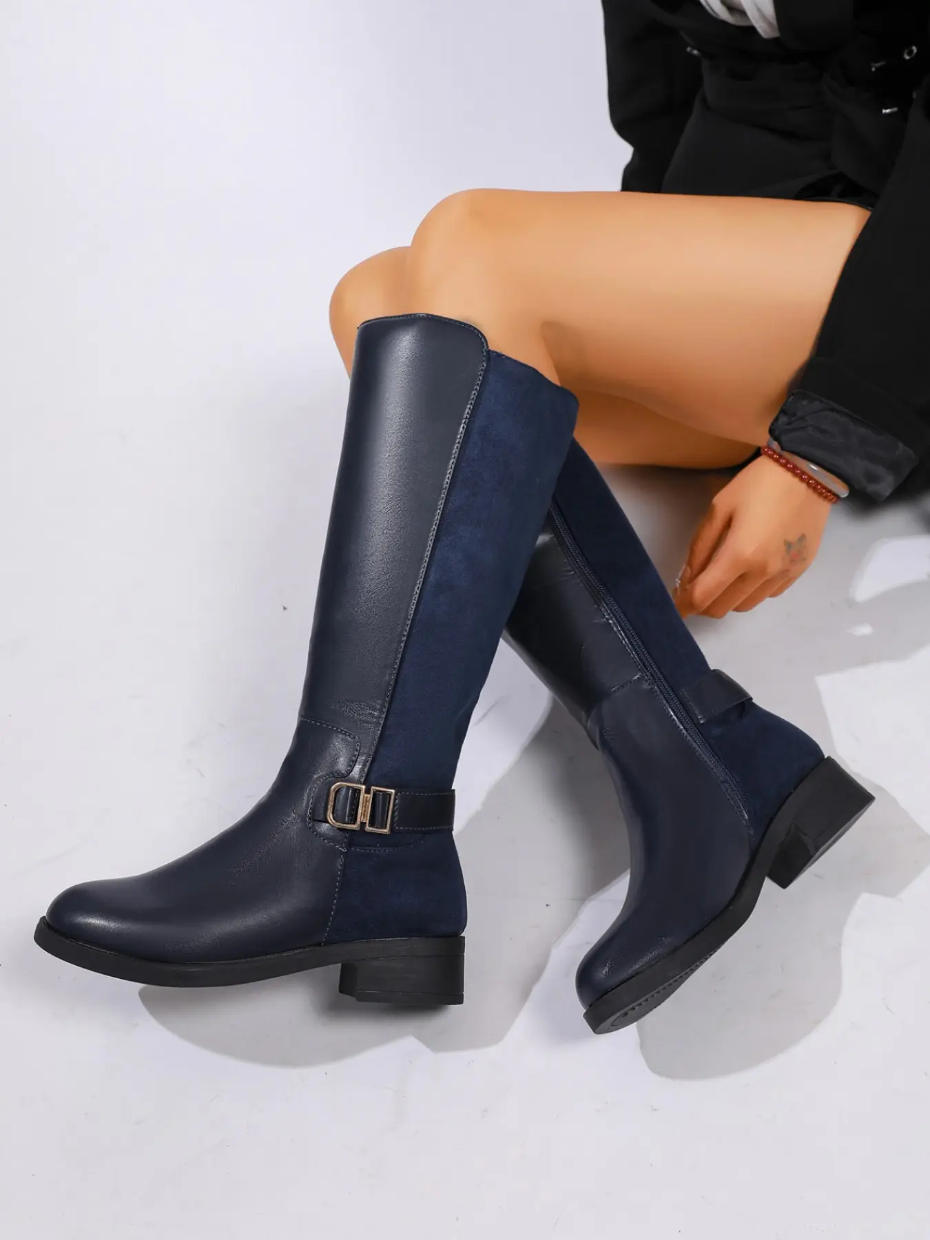 Vintage Denim Patchwork High Top Knight Boots, 4cm Thick Heel, Daily Wear Versatile Long Boots, Perfect for Street Style, Elegant Boots