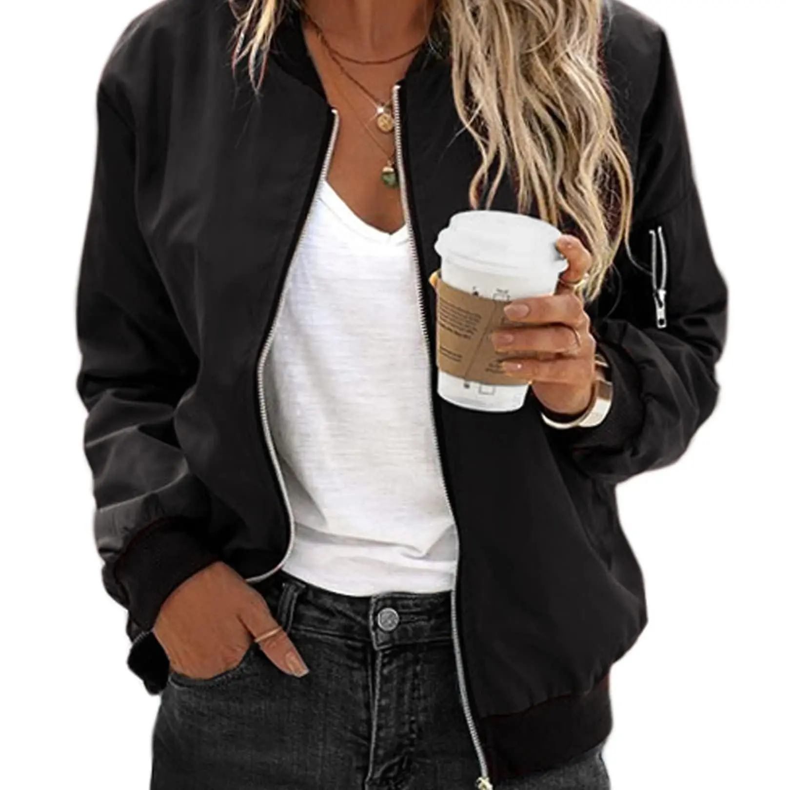 Zeagoo Women's Casual Plain Bomber Jacket, Lightweight Long Sleeve Zip-Up Windbreaker with Pockets for Shopping & Going Out, Longsleeves, Parties, Flying Jacket, Work, Fashion Coat