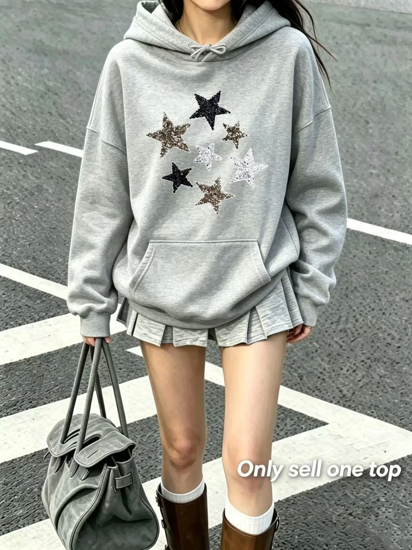 Spring Fall Women's American Style Sequin Star Print Hoodie, Loose Fit Lazy Casual Sporty Top, Long Sleeve Unlined, Heart Pattern