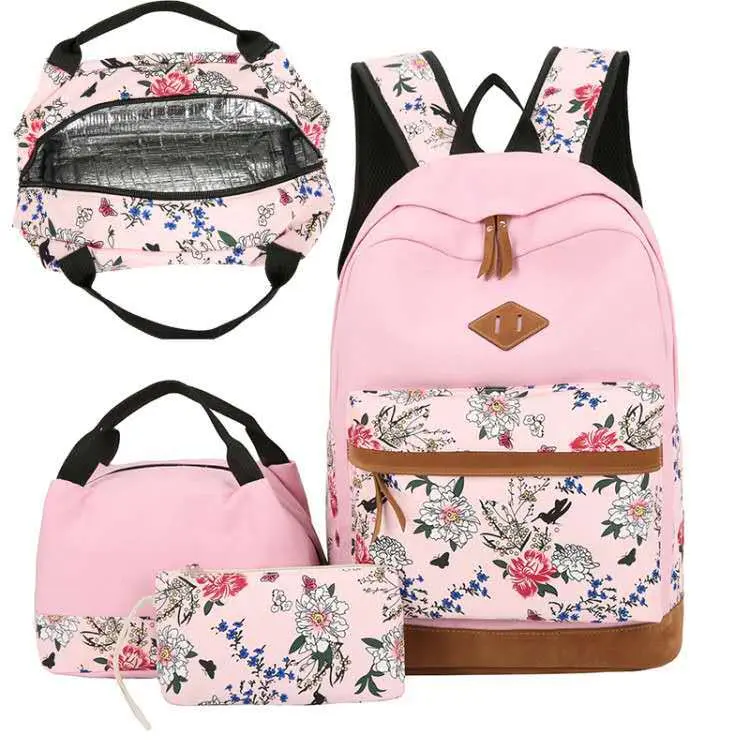 Large Capacity Casual Backpack Set of 3 – Japanese Style Floral Print Daypack for Women, College School Bookbag with Pockets, Lightweight Travel Rucksack