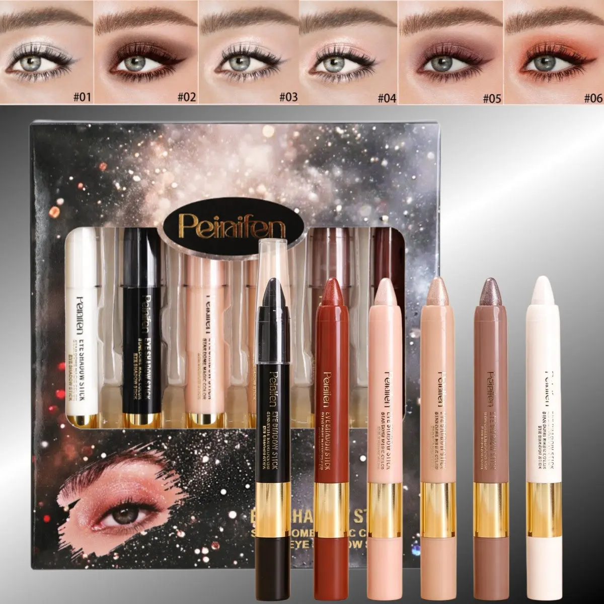 6-Piece Starry Sky Multicolor Eyeshadow Sticks, Matte & Shimmer, Easy Application, High Pigmentation, Long-Lasting, Waterproof, Perfect Makeup