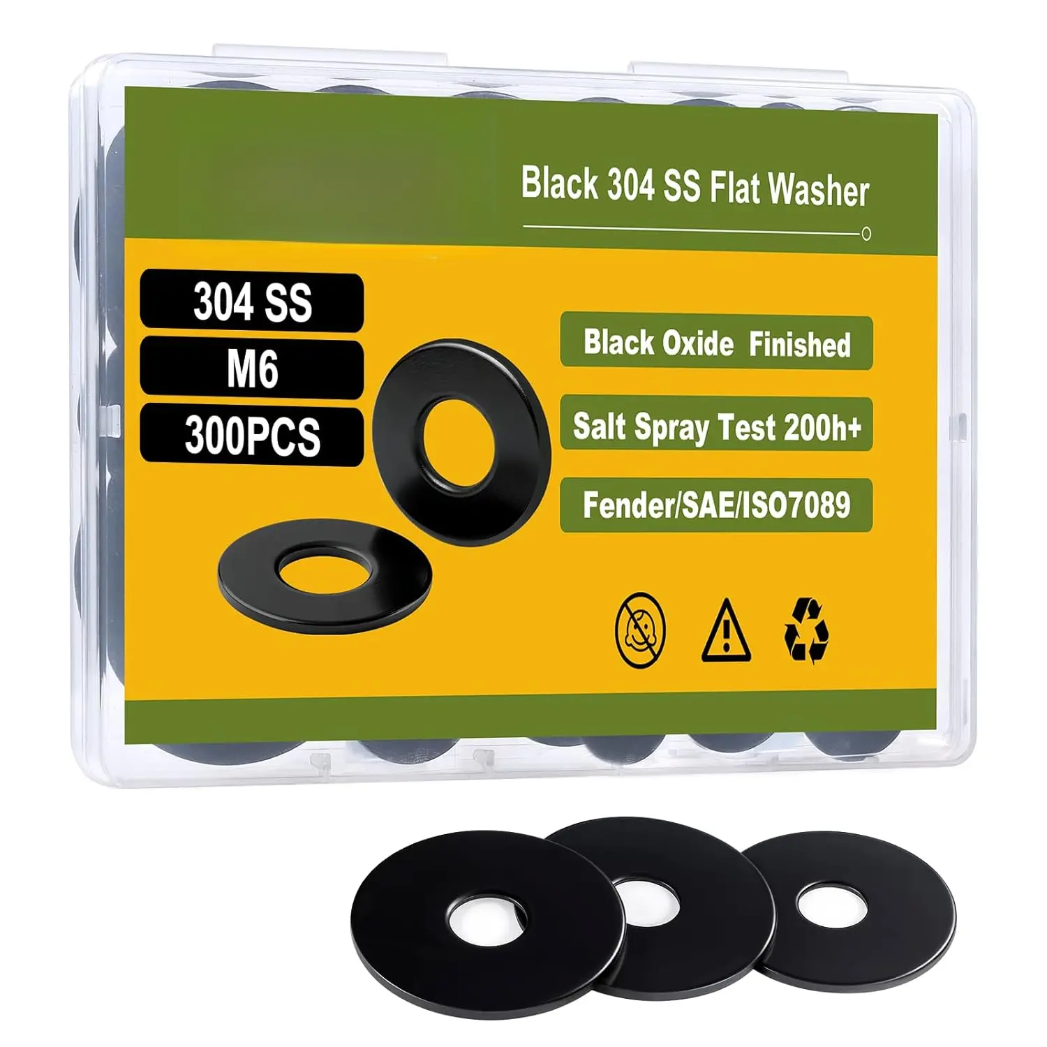 300 M6 flat washers, black oxidized 304 stainless steel 18-8 material, inner diameter 6.4 mm, outer diameter 11.57 mm, used as hardware washers for screws and bolts
