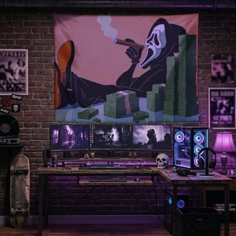 Funny Ghostface Smoking Cigar Decorative Tapestry Scream Movie Villain Stacking Cash Money Wall Hanging Hilarious Meme Hustle Bedroom Boy Cave Gaming Room Decor Dorm Banner