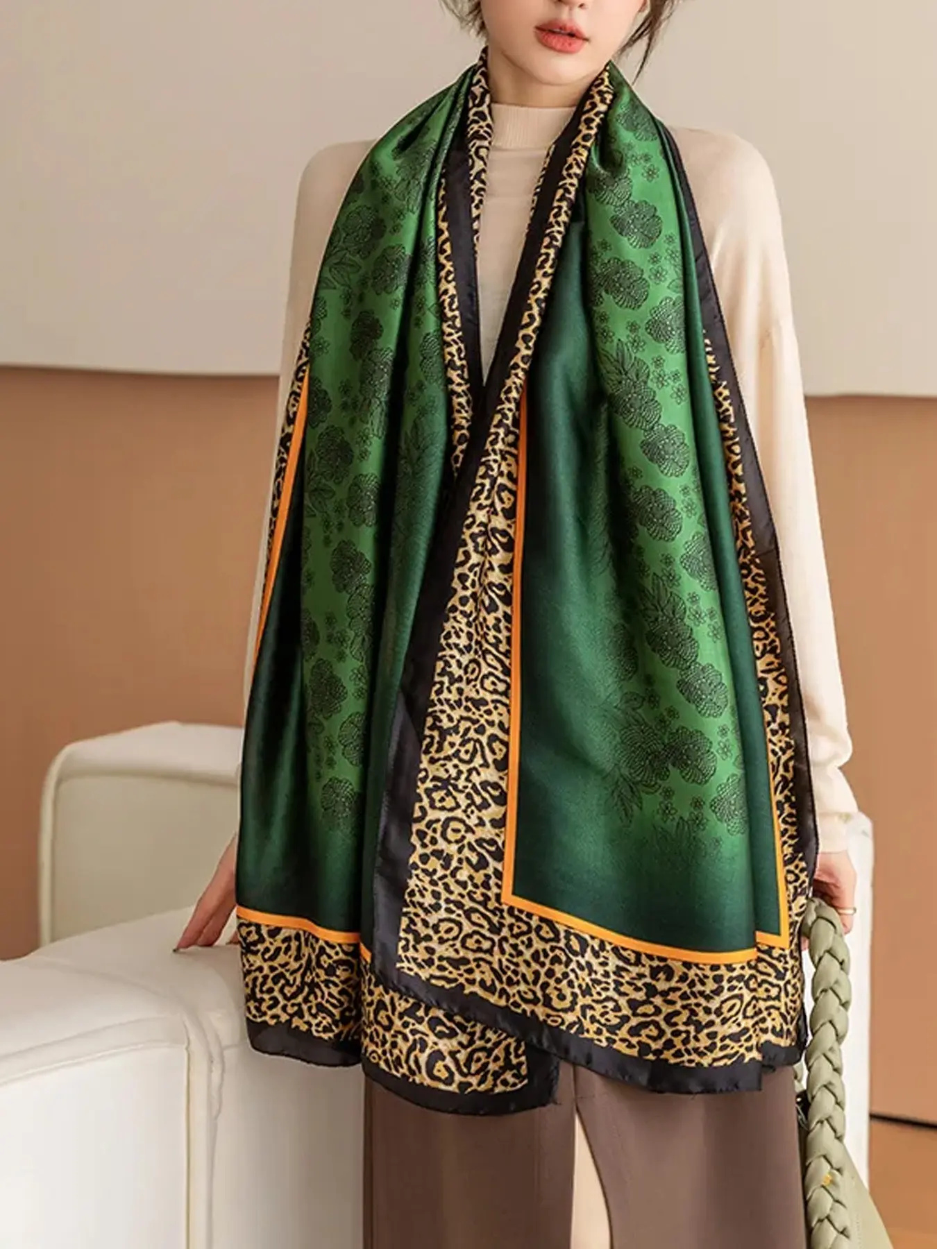 Glossy Silky Satin Large Square Scarf, Dark Emerald Vintage Floral Print, Multi-Purpose Shawl, Retro Luxury Fashion Accessory