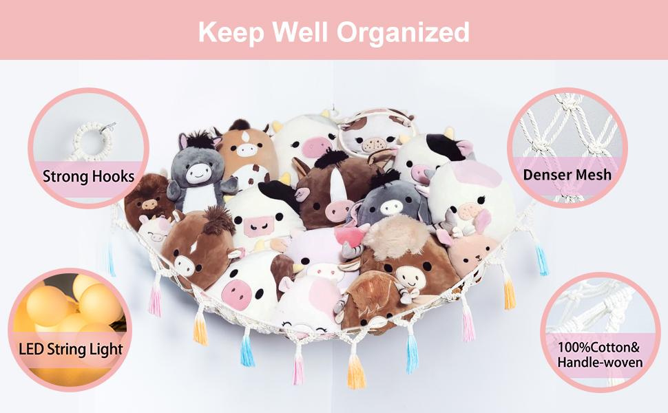 Stuffed Animal Net or Hammock with Light, Macrame Hanging Net Hammock for Stuffed Animal Toy Storage Organizer Boho Decor Room Holder for Nursery Play Room Bedroom (Black(55"*55"*72"))