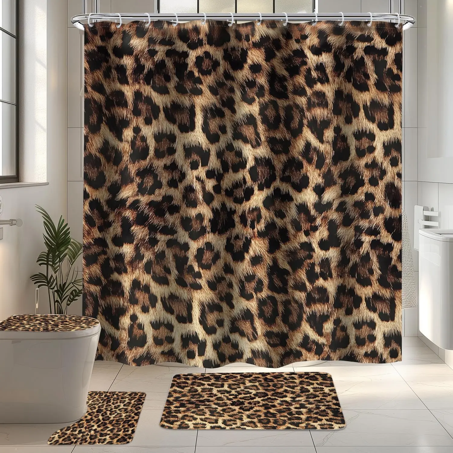 72Wx72H Fabric Leopard Print Shower Curtain Set (4 PCS) - Toilet Lid Cover, Non-Slip Rugs, U-Shaped Mat, Wild Safari Cheetah Bathroom Decor with 12 Hooks & Shower Accessories, 72 In, Bathroom Organizer