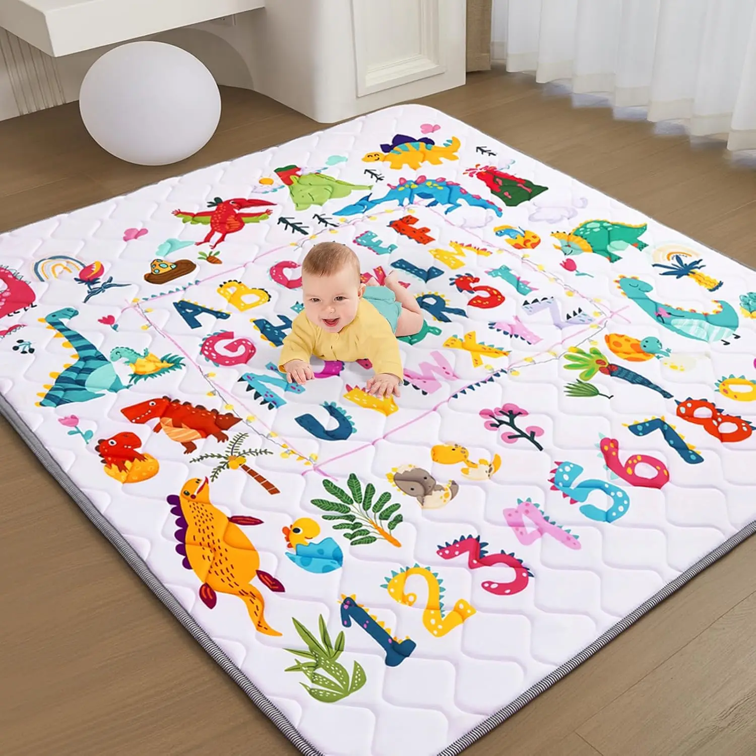 Baby Play Mat - Thicken 71x59 Inch Soft Foam Crawling Mat  Playpen & Floor, Non-Slip Waterproof Playmats  Infants & Toddlers, Portable Foldable & Machine Washable, Dinosaur & Letters