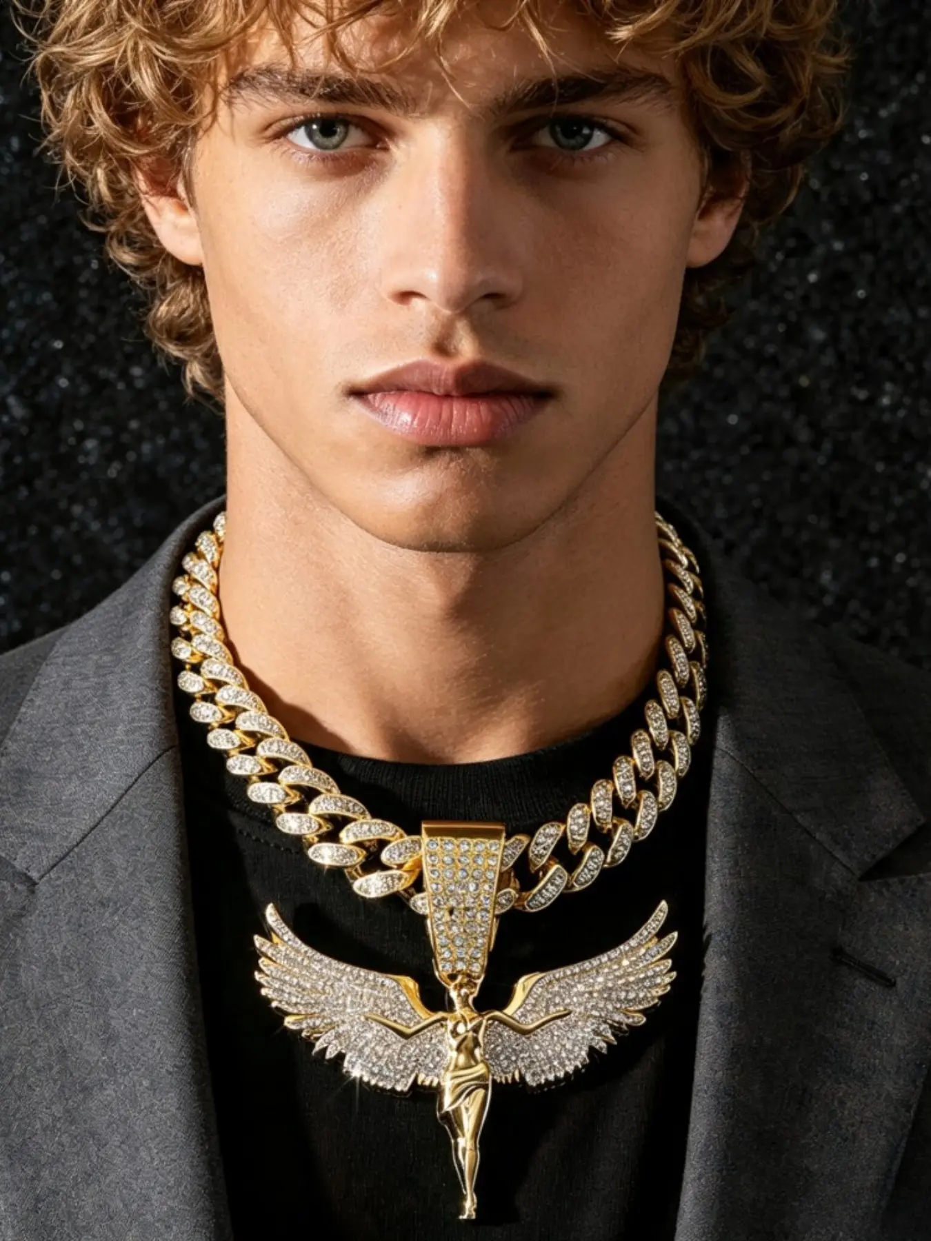 High-End Full Diamond Angel Wing Hip Hop Pendant, Rhinestone Thick Cuban Chain, Trendy Jewelry for Men, Perfect Gift