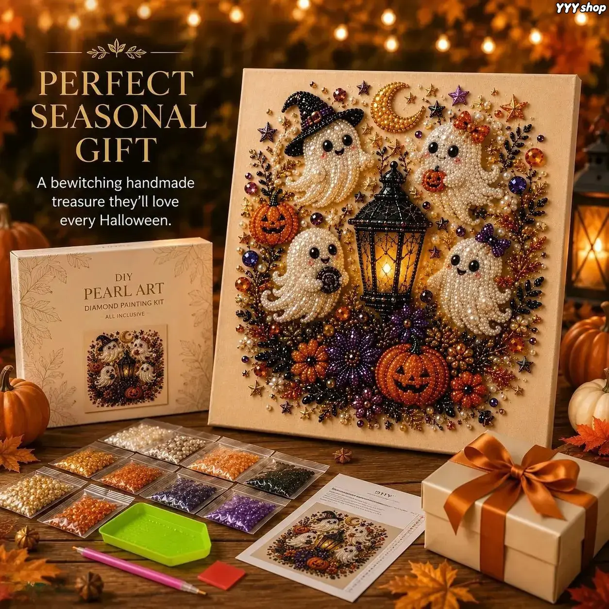 2026 New Halloween Cute Ghost & Pumpkin Pearl Diamond Painting Kit, All-In-One Complete DIY Bead Art Canvas Set, Beginner-Friendly Fall Harvest Wall Decor Craft, Spooky Autumn Indoor Home Ornament & Sentimental Halloween Gift