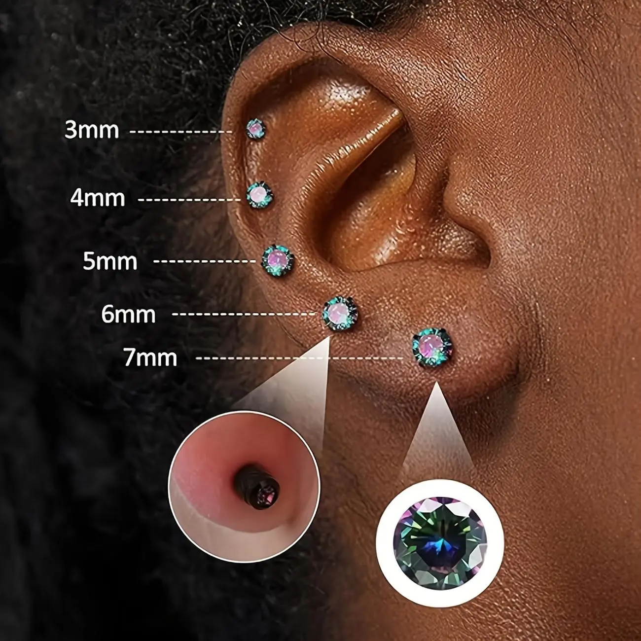5 Pairs Screw Back Double Sided Stud Earring Set for Women Men, Titanium Surgical Stainless Steel Rainbow 5A Cubic Zirconia Piercing Sleeper Jewelry, 3-6mm