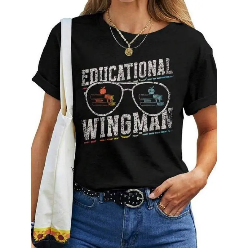 Women's Educational Wingman Teacher Teaching Assistant Casual Round Neck Short-Sleeve Sports Top, Machine Washable