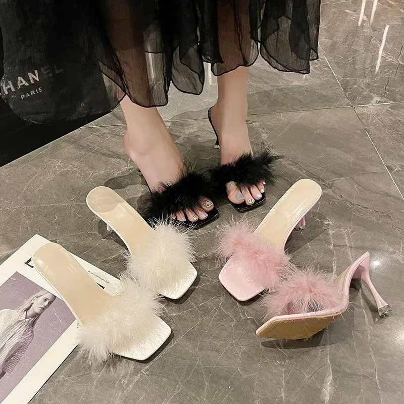 Women Fluffy Feather Square Toe Slide Heels, Slip On Open Toe Stiletto Mule Sandals, Summer Dating Party High Heels