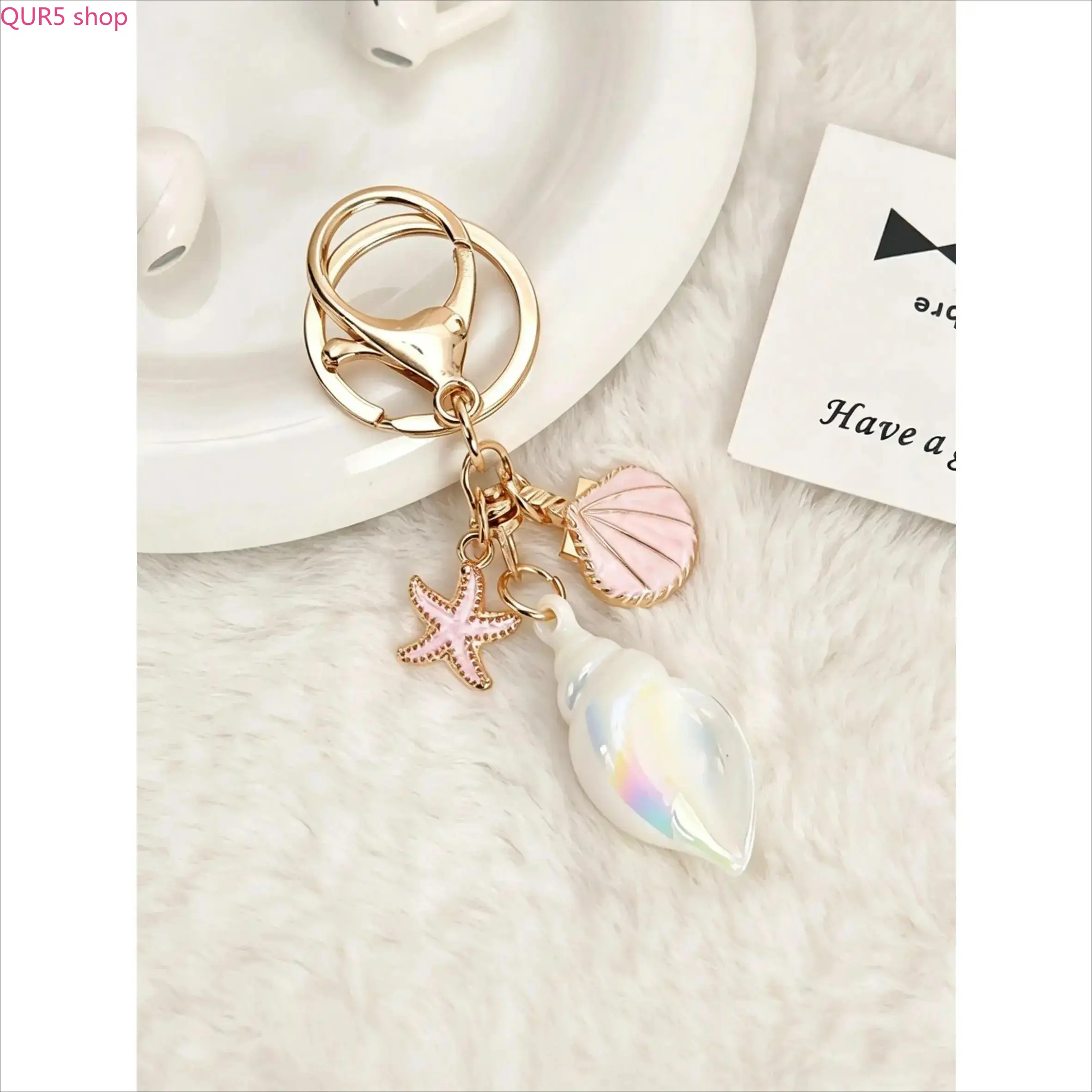 Iridescent Nautical Keychain Bag Charm, Decorated with 3D Conch, Seashell & Starfish Zinc Alloy Pendants, Shiny Coastal Style Ornament, Lightweight Portable Accessory, Sweet Anniversary Gift for Ocean & Beach Lovers