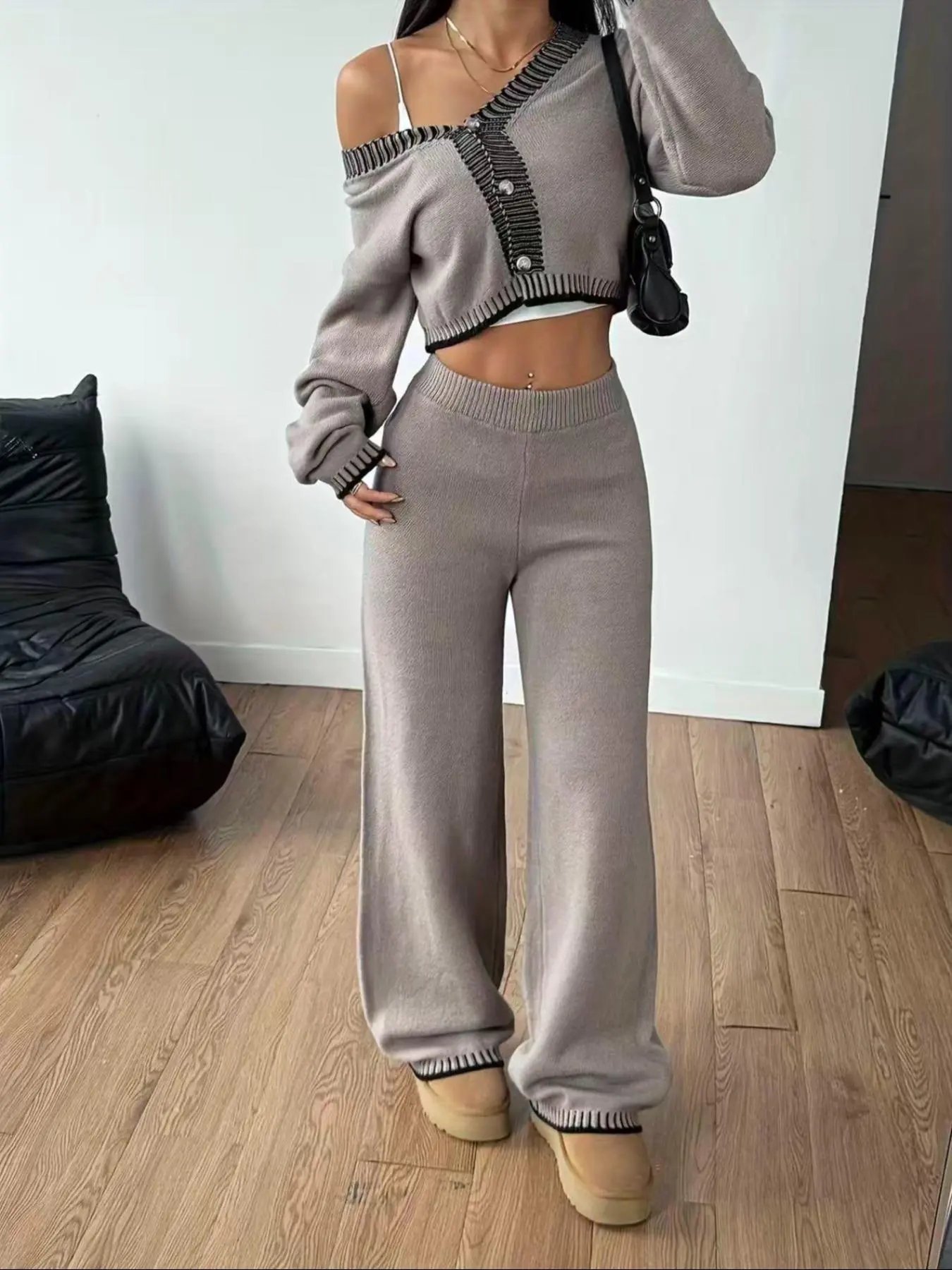 Two-Piece Elegant Minimalist Women's Clothing Set, V-Neck Long Sleeve Knit Top and Loose Baggy Pants, Casual Fall Winter, Comfortable Daily Wear