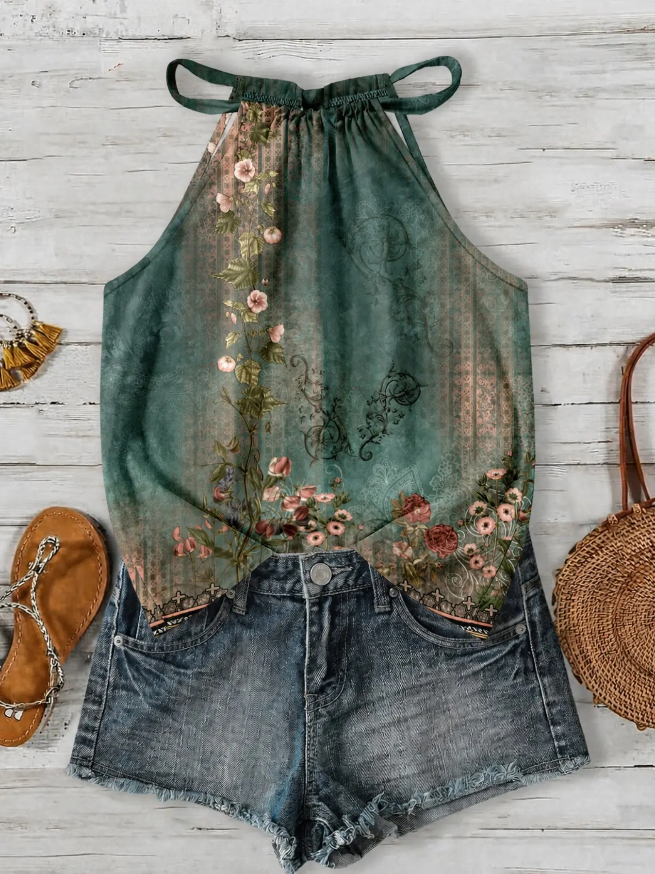 2026 New Women's Bohemian Floral Adjustable Halter Back Tie Sleeveless Ruched Hem Short Tank Top, Boho Chic Halter Neck, Stylish Summer Fashion, Comfortable & Trendy