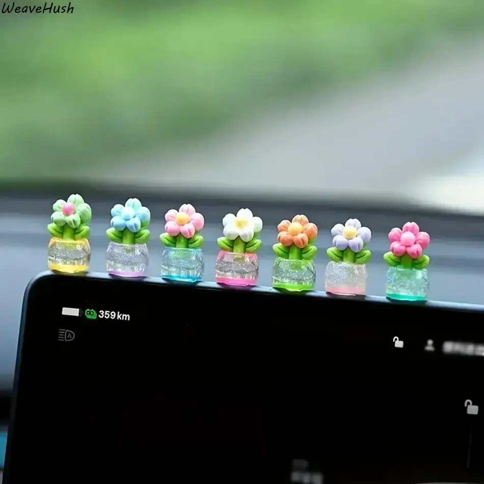 7-Piece Mini Plant Ornaments, Aesthetic Resin Figurines, Realistic Car Dashboard Accessories for Office Desk Decor