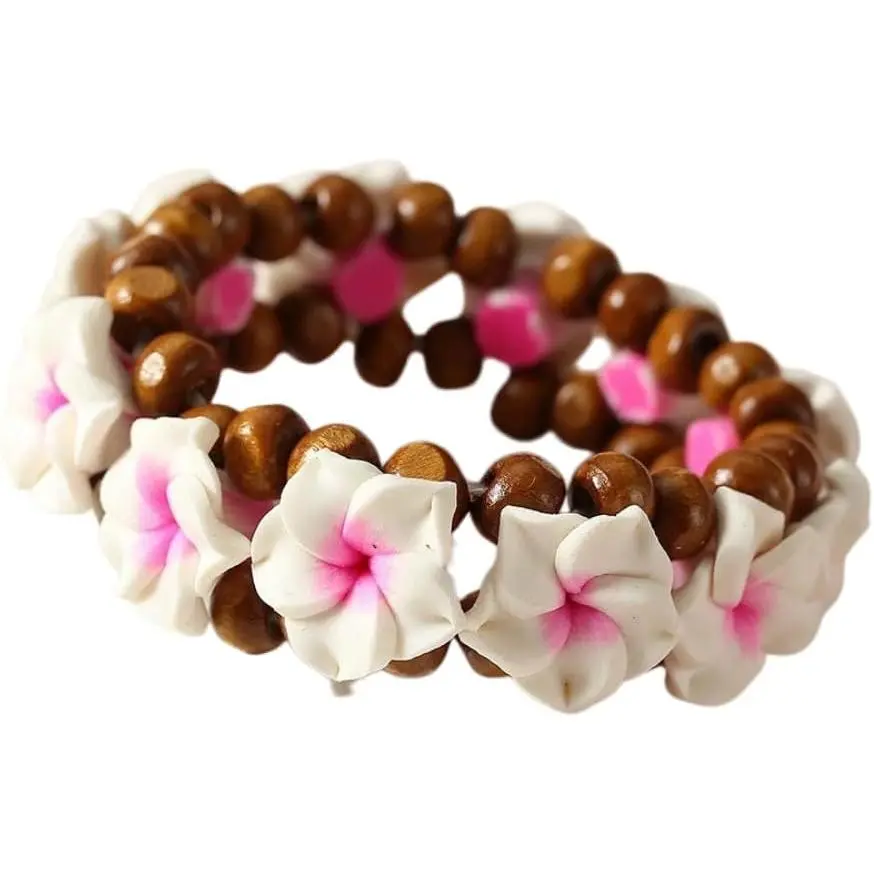 Hawaiian Colorful Plumeria Clay Beaded Bracelet   Flower Wooden Beads Adjustable Elastic Bracelet for Women Summer Beach Bohemian Holiday