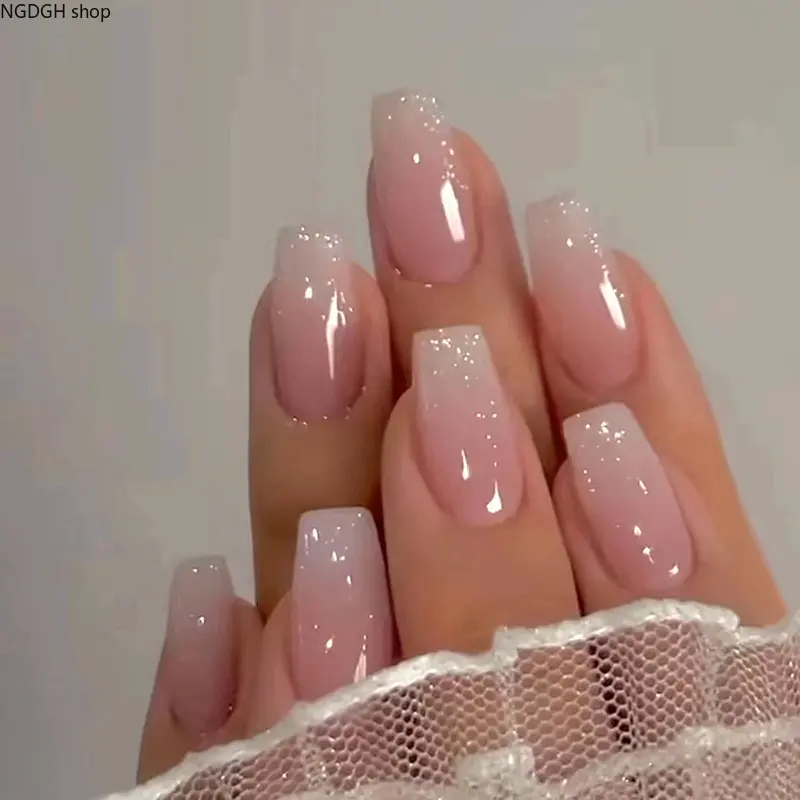 Glitter Nails - Pink Ombre Gradient Press On Nails Glitter Long Square Sparkle Glam Fake Nail Art Kit for Women Girls Daily Wear