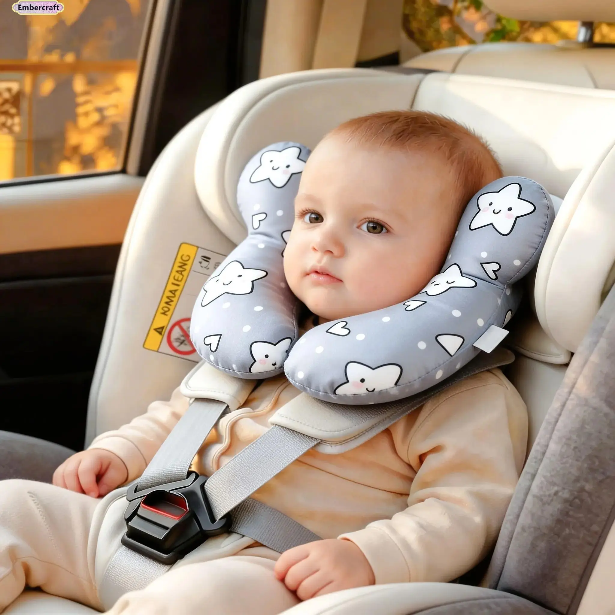 Baby Head & Neck Support Pillow, U-Shaped Soft Fabric Travel Cushion with Star Print for Infant & Newborn, Full Support for Car Seats & Strollers, Newborn Accessories, One Size