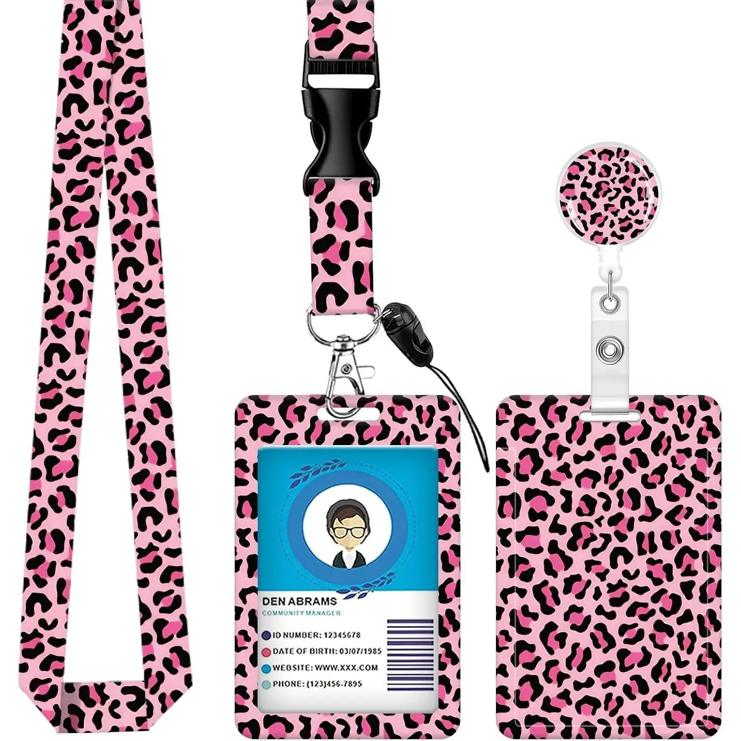 ID Badge Holder with Retractable Lanyard and Keychain, Badge Reel with Rotate Carabiner Clip,Beige Flower Card Name Tag Lanyard ID Protector Bage Clips for Student, Women, Office (Cute Pink Leopard)