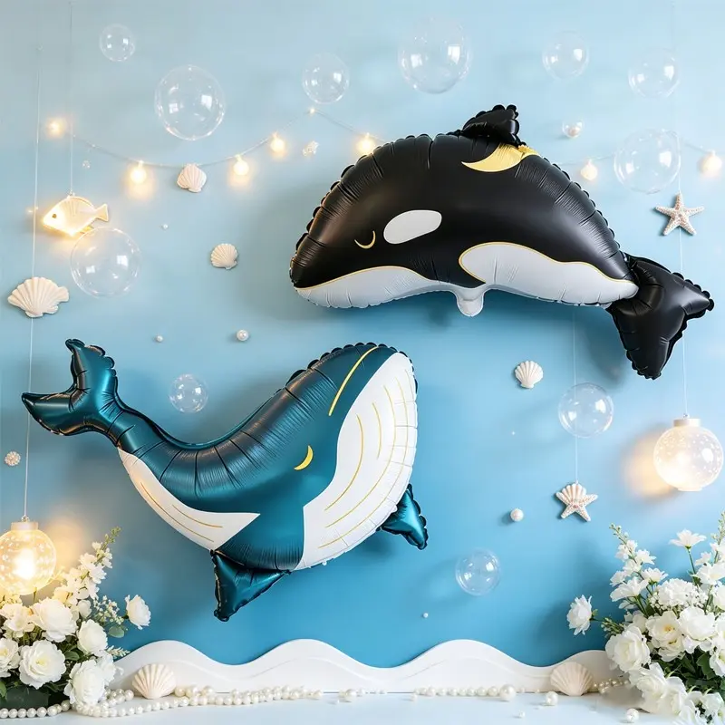 2pcs Cute Orca and Blue Whale Foil Balloons, Large Ocean Animal Balloon Decorations, Kids Birthday Party Backdrop, Beach Photo Props