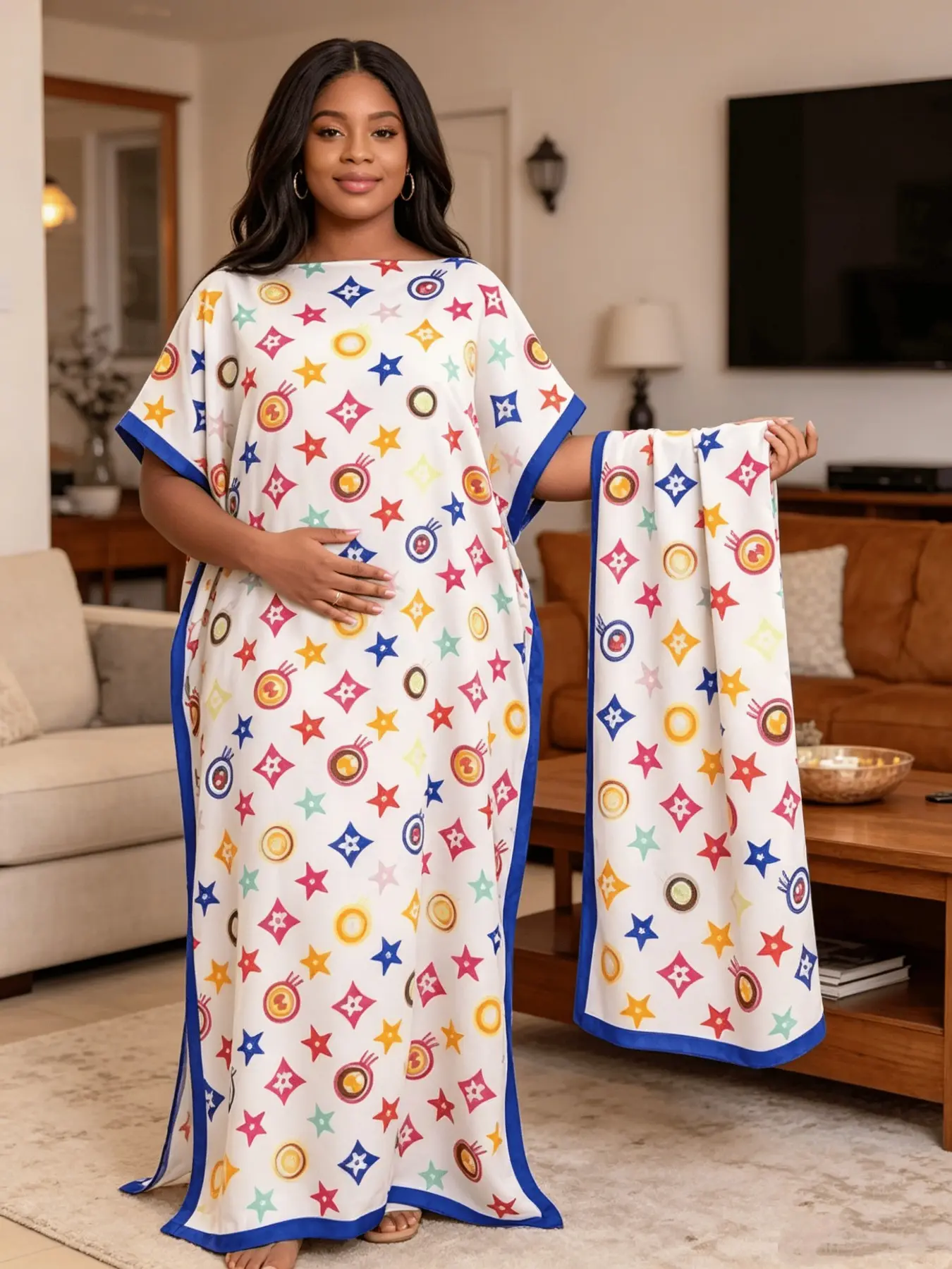 Vibrant Multi-Color Star Geometric Kaftan Two Piece Set, Oversized Split Long Dress, Comfort Home Maternity Vacation Outfit With Matching Scarf, Suitable For Plus Size Ladies, Maternity Dresses