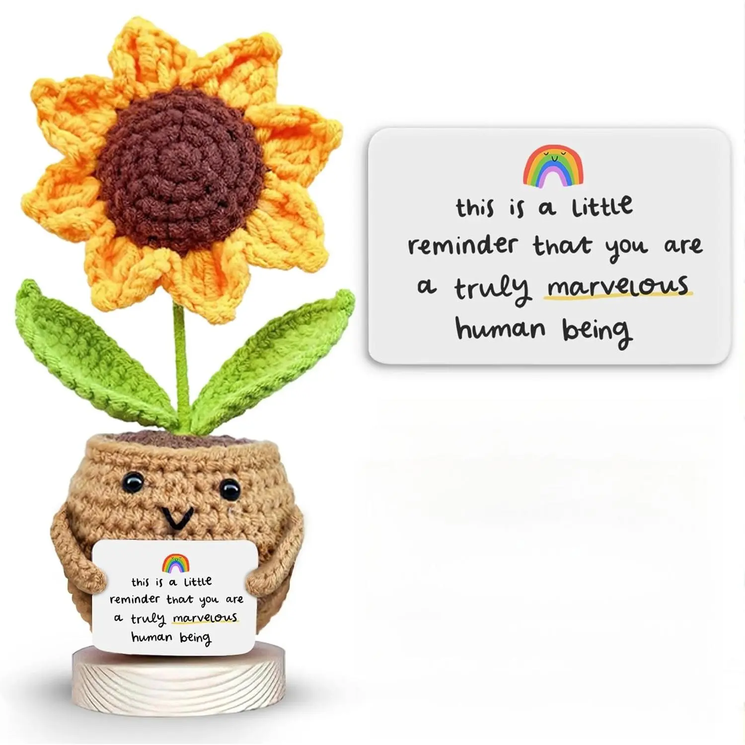 Positive Sunflower Motif Crochet Cute Doll - Compact Desk Decor with Message Card - Mother's Day Thank You Gift for Women - Basket Stuffer - 2026 Nurse Week Gift for Mom, Teacher