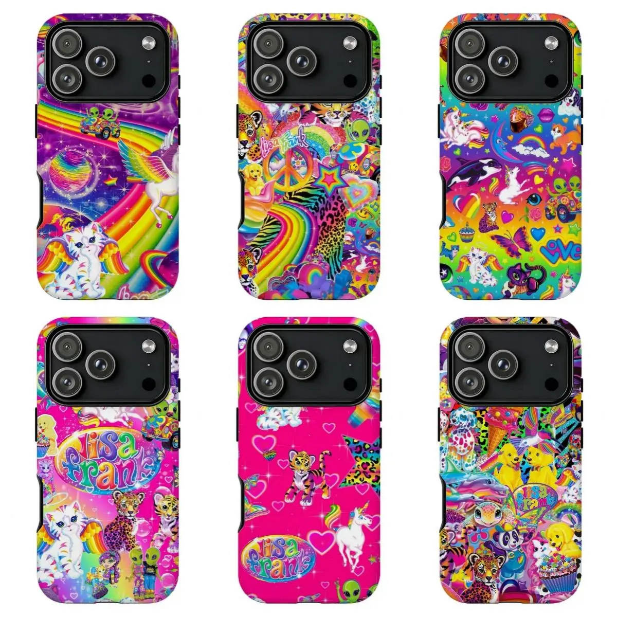 Y2K Retro L1saFrank Phone Case,Neon Bright Print With Winged Cat, Unicorn & Cosmic Rainbow Pattern Protective Cover For iPhone 17 Pro Max 16 15 14 13 12 11 8 7 Plus for Samsung S26 Ultra S25 24 23 22 21 Case-Perfect Holiday Gift for her/him/fans