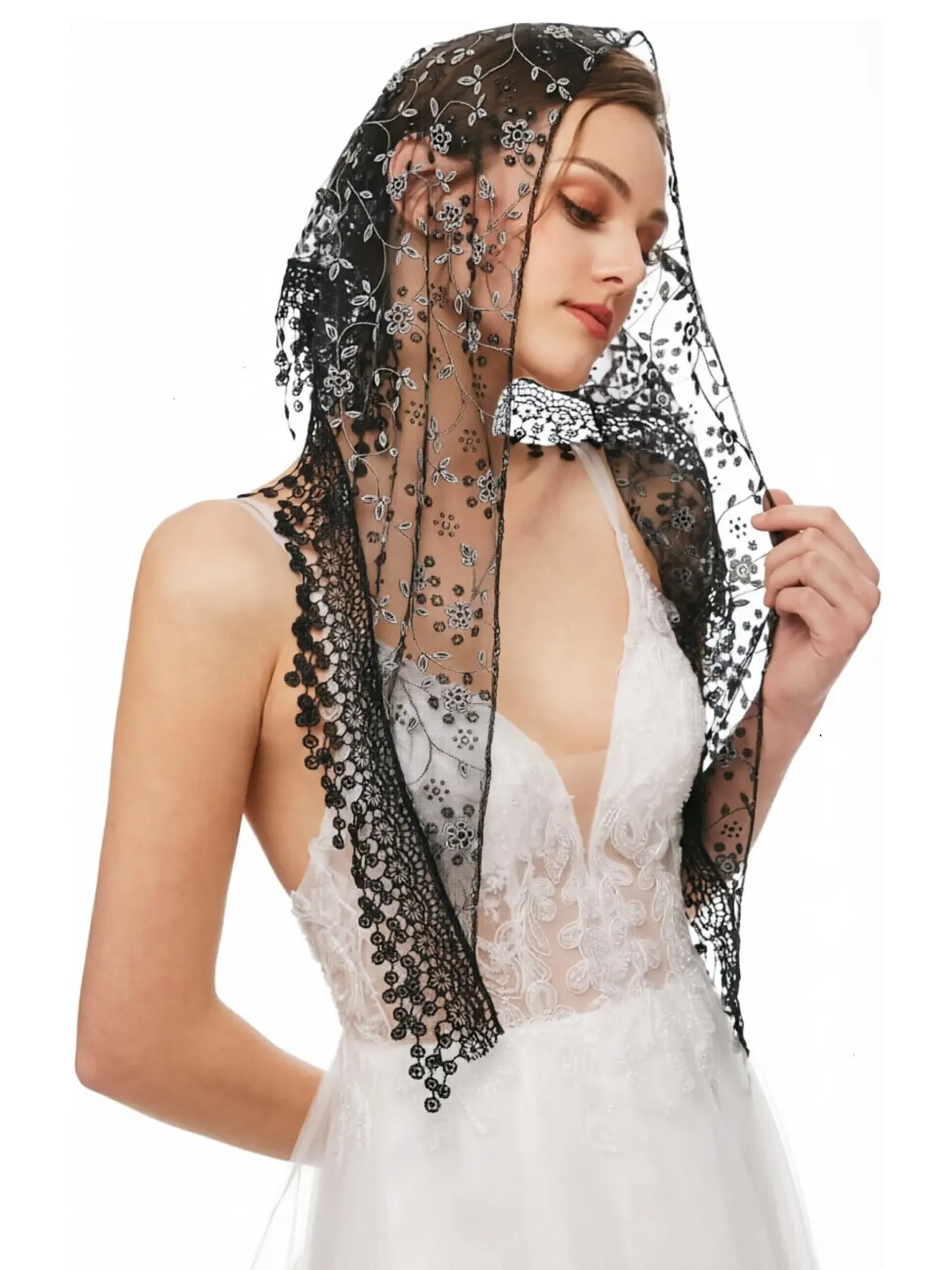 Triangle Lace Mantilla Veil Tulle Scarf Covering Church Veil for Mass Wedding Bridesmaids The Wedding Veil