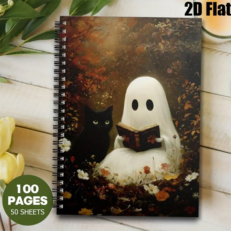 1 Spiral Bound Notebook 5.7x8.26 inch, Cute Ghost and Black Cat Design, Halloween Journal, Autumn Outdoor Adventure Log, Travel Diary, Stationery Gift for Kids Teens, School Supplies, Daily Notetaking [2D] Flat