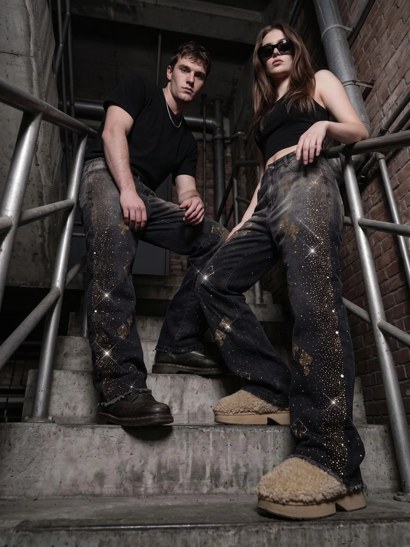 High Street Luxury Full Rhinestone Poker Man Jean, Rhinestone Distressed Frayed Edge Long Pants, Unisex Streetwear Vibe Slim Fit Flare Jeans