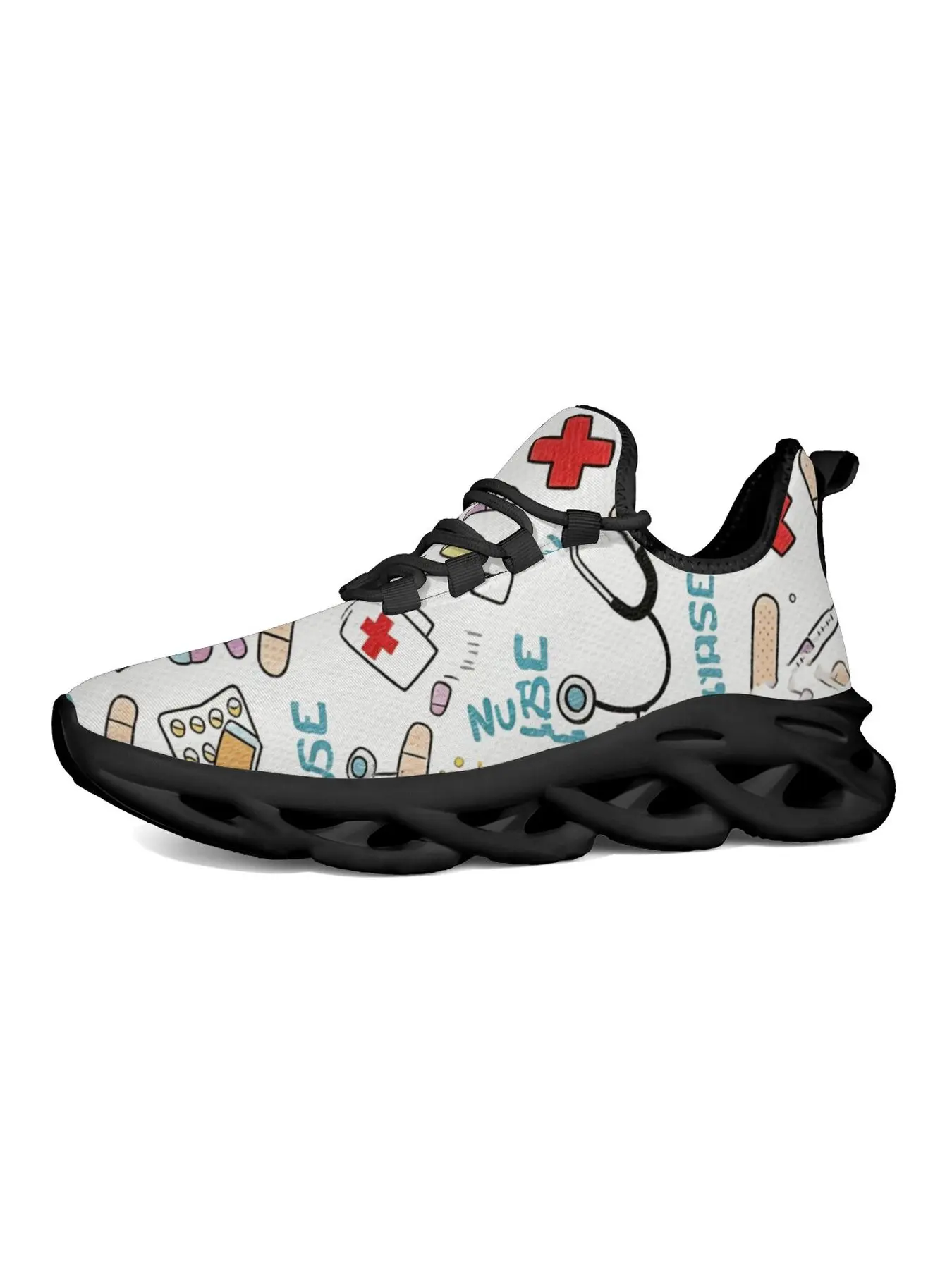 Nurse Medical Themed Cartoon Print Mesh Running Shoes for Men Women, Stethoscope Pill Bandage Graphic Lightweight Hollow Wave Sole Sneakers, Breathable Lace Up Casual Walking Trainers, Healthcare Worker Non Slip Comfort Footwear