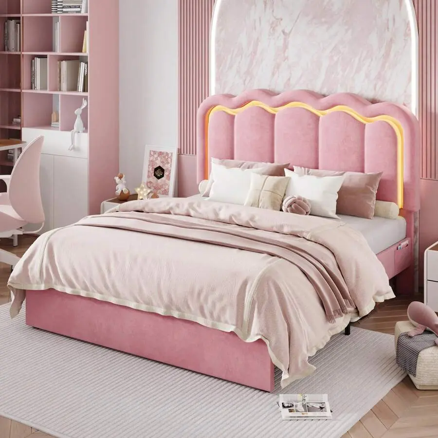 Twin/Full/Queen Upholstered Size Bed Frame With LED Lights, Adjustable Velvet Headboard With Wavy Design, Noise Free, Wooden Slats Platform Bed, Easy Assembly, No Box Spring Needed, Pink