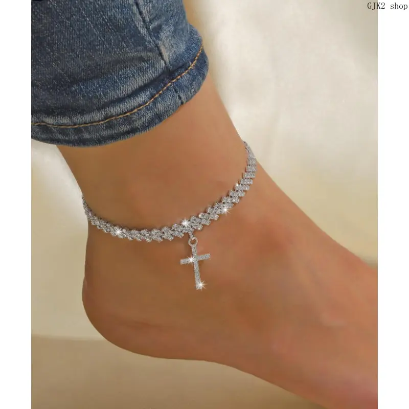 Women's Dainty Rhinestone Cross Accent Pendant Anklet - Stainless Steel Adjustable Chain, Trend All-Season Casual All-Match Jewelry, Smooth Edges Birthday Gift for Girls