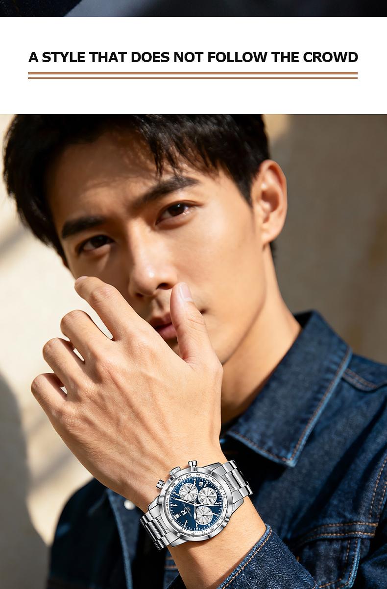 Men's Luxury Blue Dial Chronograph Quartz Watch - Stainless Steel Wristwatch with Tachymeter, Date Display, Multi-Function Subdials, Elegant Business Sport Dress Watch, Perfect Gift for Husband Dad Boyfriend